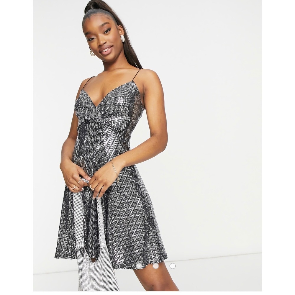 Flounce Club London Wrap Mini Size 10 Dress Metallic Y2K Indie Sleaze Retro